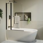 Freestanding Single Ended Left Hand Corner Shower Bath with Black Bath Screen with Fixed Panel & Towel Rail  1650 x 800m