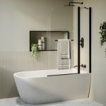 Freestanding Single Ended Right Hand Corner Shower Bath with Black Bath Screen with Fixed Panel &  Towel Rail  1650 x 80