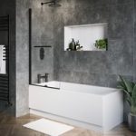 Single Ended Shower Bath with Front Panel & Black Bath Screen with Towel Rail 1500 x 700mm – Rutland