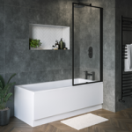 Single Ended Shower Bath with Front Panel & Black Framed Bath Screen 1700 x 750mm – Rutland