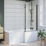 L Shape Shower Bath Right Hand with Front Panel & Black Bath Screen 1700 x 850mm – Lomax