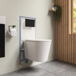 Matt White Wall Hung Rimless Toilet with Soft Close Seat Cistern Frame and Black Flush – Verona