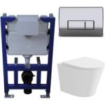 Matt White Wall Hung Rimless Toilet with Soft Close Seat Chrome Pneumatic Flush Plate 820mm Frame & Cistern – Verona