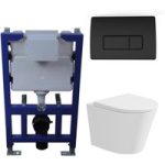 Matt White Wall Hung Rimless Toilet with Soft Close Seat Black Pneumatic Flush Plate 820mm Frame & Cistern – Verona