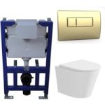 Matt White Wall Hung Rimless Toilet with Soft Close Seat Brass Pneumatic Flush Plate 820mm Frame & Cistern – Verona