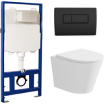 Matt White Wall Hung Rimless Toilet with Soft Close Seat Black Pneumatic Flush Plate 1170mm Frame & Cistern – Verona