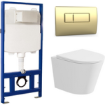 Matt White Wall Hung Rimless Toilet with Soft Close Seat Brass Pneumatic Flush Plate 1170mm Frame & Cistern – Verona