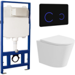 Matt White Wall Hung Rimless Toilet with Soft Close Seat Black Glass Sensor Pneumatic Flush Plate 1170mm Frame & Cistern