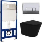 Matt Black Wall Hung Rimless Toilet with Soft Close Seat Chrome Pneumatic Flush Plate 1170mm Frame & Cistern – Verona