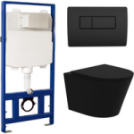 Matt Black Wall Hung Rimless Toilet with Soft Close Seat Black Pneumatic Flush Plate 1170mm Frame & Cistern – Verona