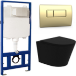 Matt Black Wall Hung Rimless Toilet with Soft Close Seat Brass Pneumatic Flush Plate 1170mm Frame & Cistern – Verona