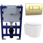 Wall Hung Toilet with Soft Close Seat Brushed Brass Pneumatic Flush Plate 820mm Frame & Cistern – Alcor