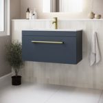 800mm Blue Wall Hung Vanity Unit with Basin and Brass Handle – Ashford