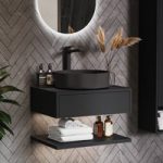 600mm Black Wall Hung Countertop Vanity Unit with Black Basin and Shelf  – Lugo