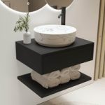 600mm Black Wall Hung Countertop Vanity Unit with White Marble Effect Basin and Shelves – Lugo