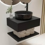 600mm Black Wall Hung Countertop Vanity Unit with Black Marble Effect Basin and Shelves – Lugo