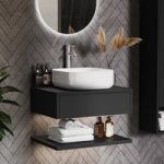 600mm Black Wall Hung Countertop Vanity Unit with Square Basin and Shelves – Lugo