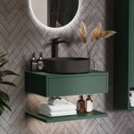 600mm Green Wall Hung Countertop Vanity Unit with Black Basin and Shelf – Lugo