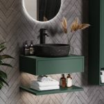 600mm Green Wall Hung Countertop Vanity Unit with Black Marble Effect Basin and Shelves – Lugo