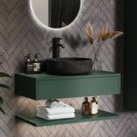 800mm Green Wall Hung Countertop Vanity Unit with Black Marble Effect Basin and Shelves – Lugo