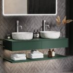 1200mm Green Wall Hung Double Countertop Vanity Unit with White Marble Effect Basins and Shelves – Lugo