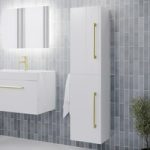 Double Door White Wall Hung Tall Bathroom Cabinet with Brushed Brass Handles 350 x 1400mm – Ashford