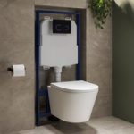 Wall Hung Toilet with Soft Close Seat Black Glass Sensor Pneumatic Flush Plate 1170mm Frame & Cistern – Newport