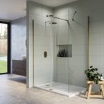 1400x800mm Brushed Brass Walk In Shower Screen Enclosure with 300mm Hinged Flipper Panel and Shower Tray – Corvus