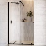 1400mm Black Sliding Shower Door + Wall Support Bar 8mm Glass – Denver