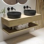 1200mm Wood Effect Wall Hung Double Countertop Vanity Unit with Black Marble Effect Basin and Shelf – Lugo