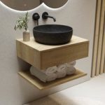 600mm Wood Effect Wall Hung Countertop Vanity Unit with Black Marble Effect Basin and Shelf – Lugo