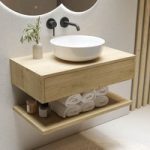 800mm Wood Effect Wall Hung Countertop Vanity Unit with Round Basin and Shelf – Lugo