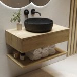 800mm Wood Effect Wall Hung Countertop Vanity Unit with Black Marble Effect Basin and Shelf – Lugo