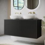 1250mm Black Wooden Fluted Wall Hung Countertop Double Vanity Unit with Round Basin – Matira