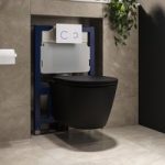 Matt Black Wall Hung Rimless Toilet with Soft Close Seat White Glass Sensor Pneumatic Flush Plate 820mm Frame & Cistern