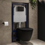 Matt Black Wall Hung Rimless Toilet with Close Seat Matt Black Pneumatic Flush Plate 1170mm Frame & Cistern – Newport