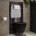 Matt Black Wall Hung Rimless Toilet with Soft Close Seat White Glass Sensor Pneumatic Flush Plate 1170mm Frame & Cistern