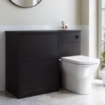 1100mm Black Left Hand Toilet and Sink Unit with Square Toilet and Matt Black Push Button – Palma