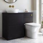 1100mm Black Left Hand Toilet and Sink Unit with Triangular Countertop Basin and Brushed Brass Push Button – Palma