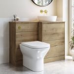 1100mm Wood Effect Right Hand Toilet and Sink Unit with Triangular Basin and Brushed Brass Push Button – Palma