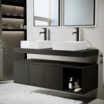 1200mm Black Wall Hung Countertop Double Vanity Unit with Rectangular Basins and Shelves – Porto