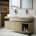 1200mm Wood Effect Wall Hung Double Countertop Vanity Unit with Rectangular Basins and Shelf – Porto