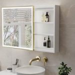 Brass Sliding Square Mirrored Bathroom Cabinet with Lights 600x600mm – Elara