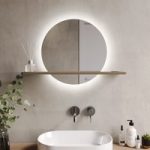 Round Backlit Heated Bathroom Mirror with Lights & Oak Shelf 500mm – Ersa