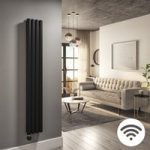 Midnight Black Electric Vertical Designer Radiator 1.2kW with Wi-Fi Thermostat – Double Panel H1600xW236mm – IPX4 Bathro