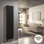 Midnight Black Electric Vertical Designer Radiator 1.2kW with Wi-Fi Thermostat – Double Panel H1600xW354mm – IPX4 Bathro