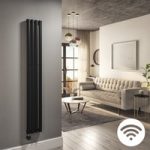 Midnight Black Electric Vertical Designer Radiator 1kW with Wi-Fi Thermostat – H1600xW236mm – IPX4 Bathroom Safe